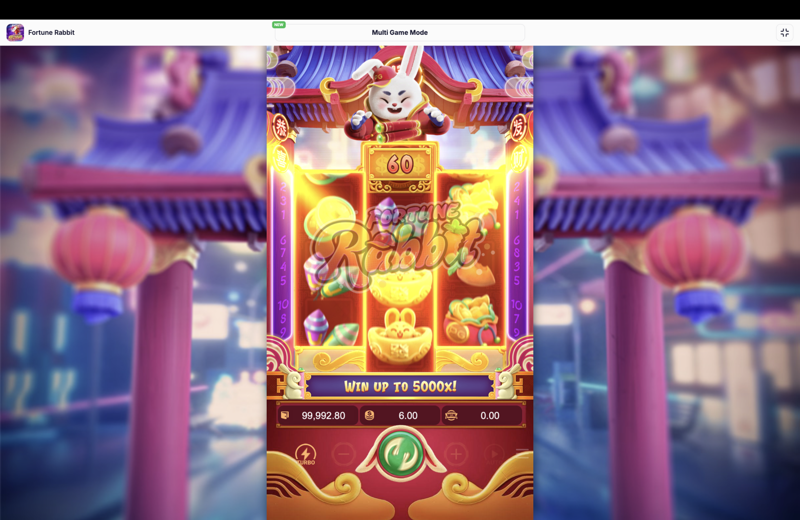 Captura de tela do jogo Fortune Rabbit mostrando os rolos e símbolos de prêmio